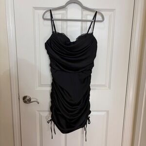 Oh Polly Black Satin Ruched Cowl Neck Lace Trim Mini Dress US 8